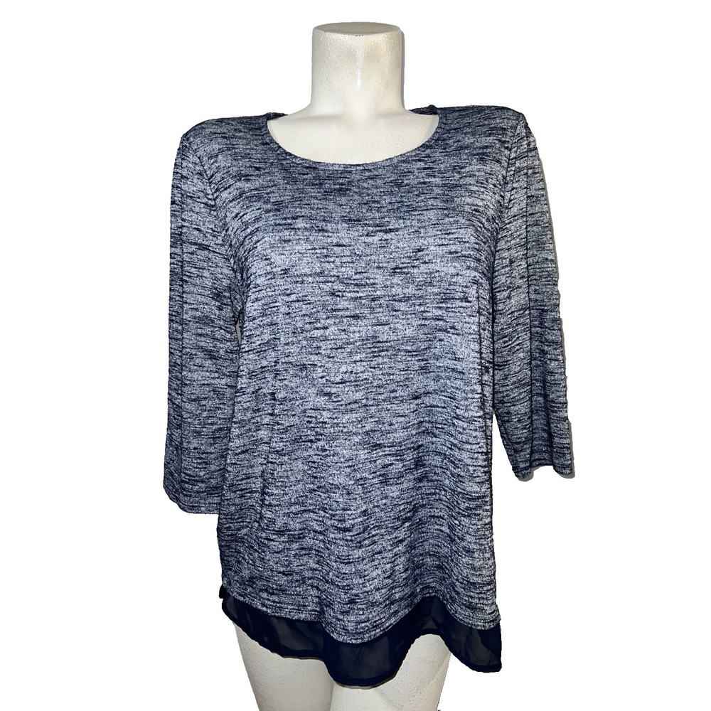Chico's Navy Space Dye Shimmer Knit Top 3/4 Sleeve Chiffon Hem Size 2 Large